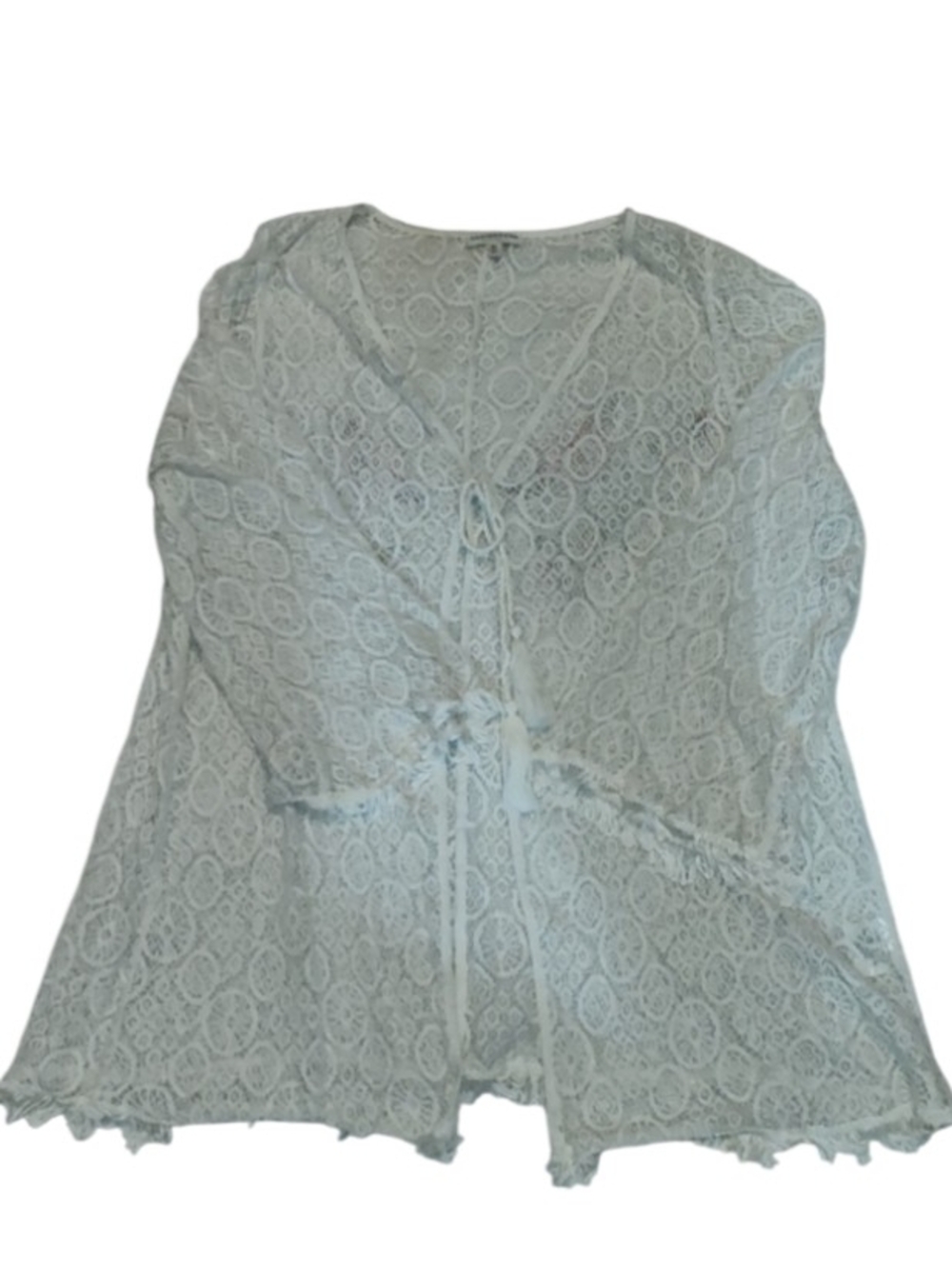 Knit Tie-Front Swimsuit Cover Up Fringe Embellished  Embroidered Floral Back Med